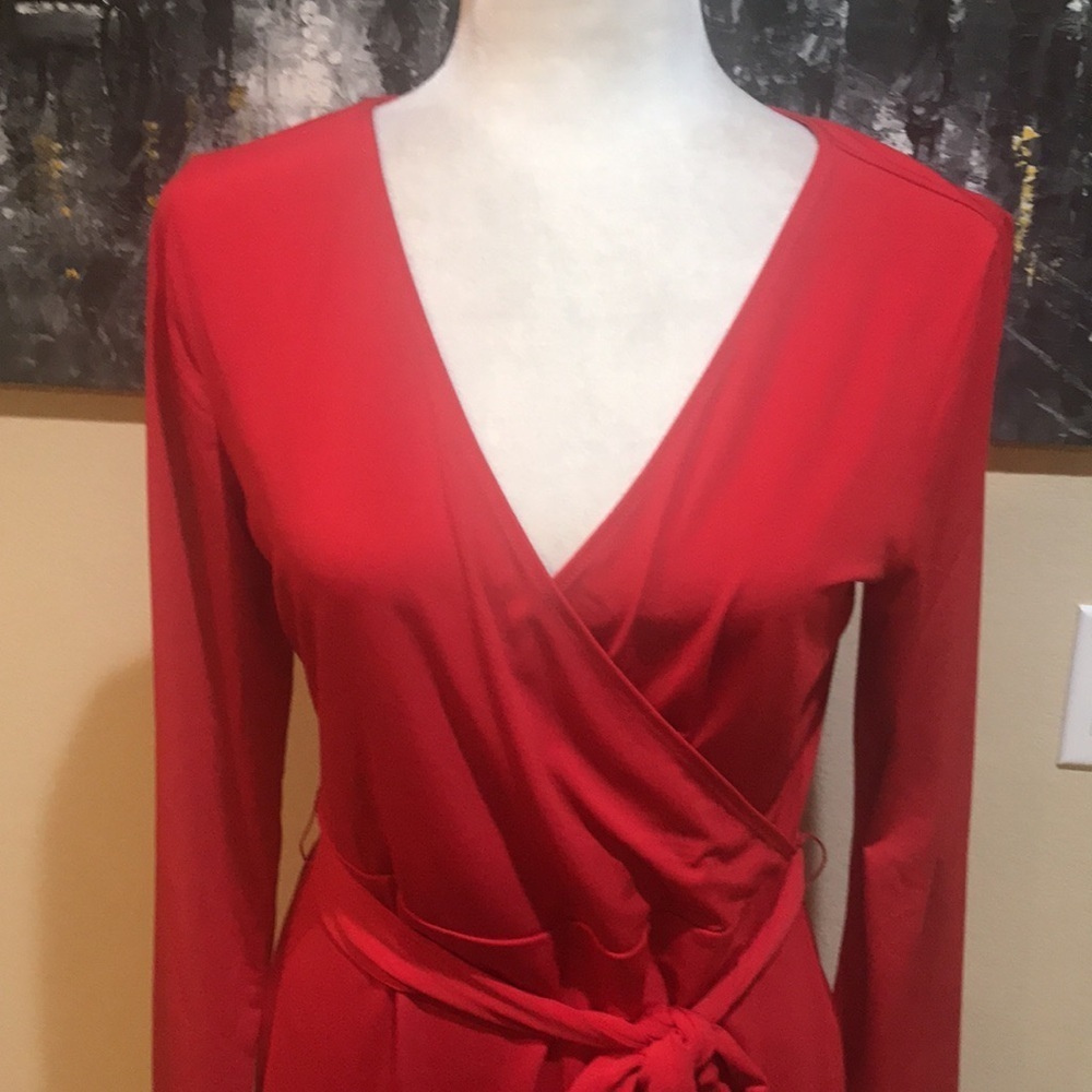 SIGNATURE COLLECTION Faux Wrap Dress Midi Red Jersey Knit Fit and Flare Dress-M - Picture 5 of 10